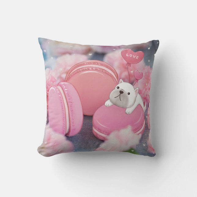 Valentine's Day: French Bulldog, Macarons & Flower Cushion (Front)