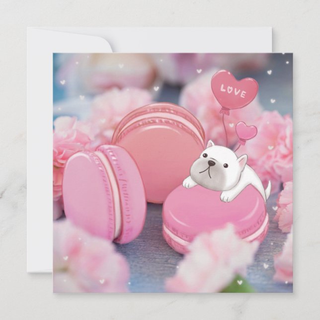 Valentine's Day: French Bulldog, Macarons & Flower Invitation (Front)