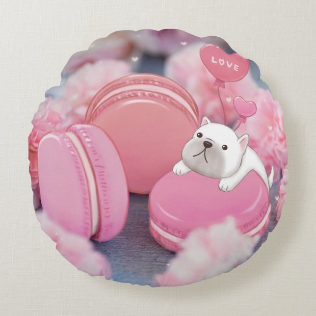 Valentine's Day: French Bulldog, Macarons & Flower Round Cushion (Front)