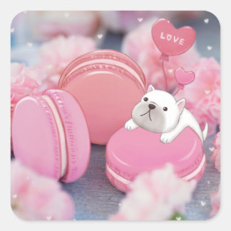 Valentine's Day: French Bulldog, Macarons & Flower Square Sticker