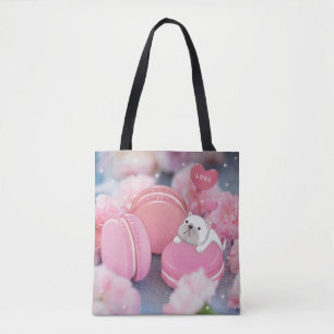 Valentine's Day: French Bulldog, Macarons & Flower Tote Bag