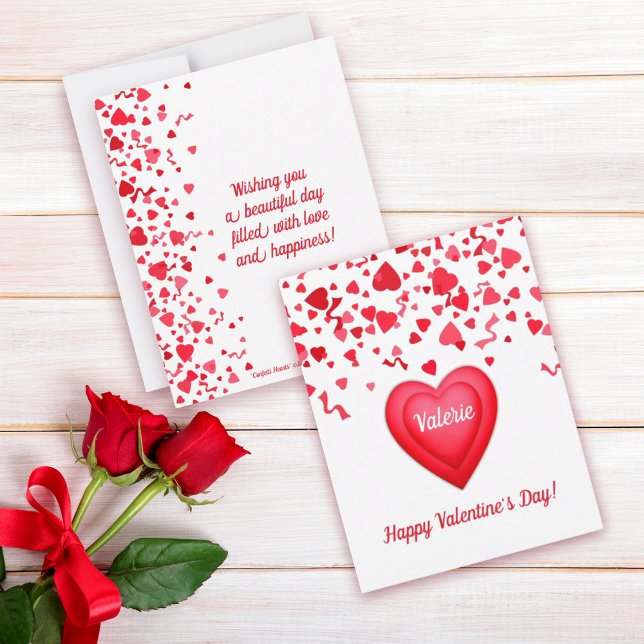 Valentine's Day Fun Red Confetti Hearts  Card (Happy Valentine's Day Personalized Flat Note Card with fun red confetti hearts design
)