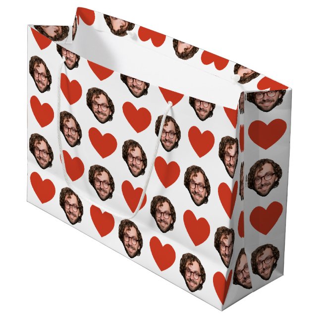 Valentines Day Funny Custom Face Photo Love Heart Large Gift Bag (Front Angled)