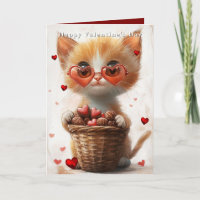 Valentine's Day Ginger Cat Basket Hearts