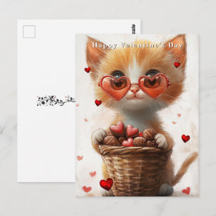 Valentine's Day Ginger Cat Basket Hearts  Postcard