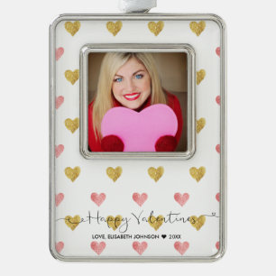 Valentines Day Glitter Heart Script Photo Ornament