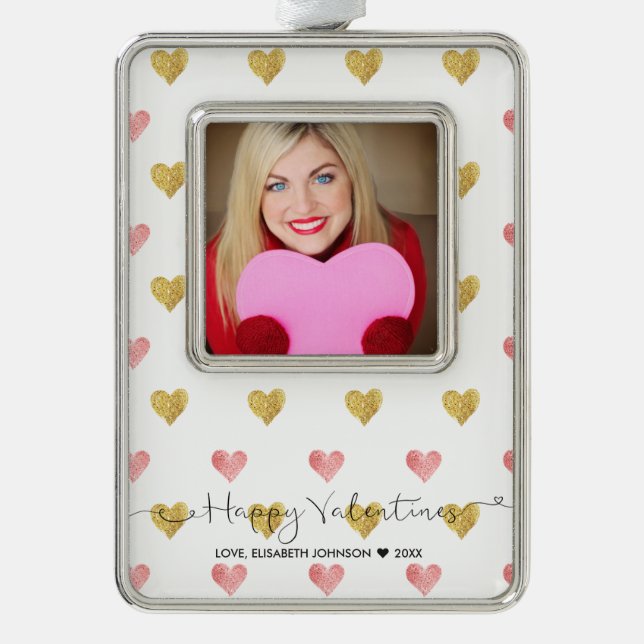 Valentines Day Glitter Heart Script Photo Ornament (Front)