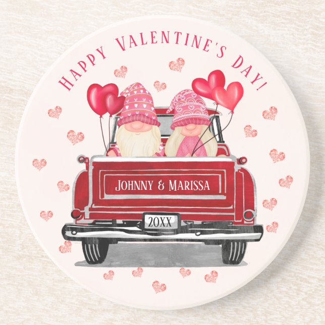 Valentine's Day Gnome Couple Vintage Red Truck Coaster (Front)