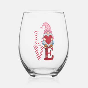 Valentines Day Gnome Love Couple Gifts for Her  Stemless Wine Glass