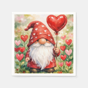Valentine's Day Gnome with Red Heart Balloon Napkin