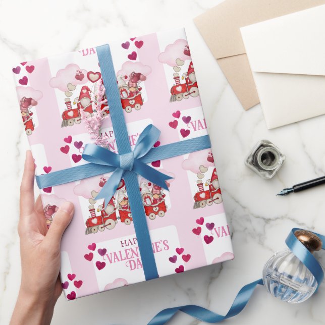 Valentine's Day Gnomes on a Train Wrapping Paper (Gifting)