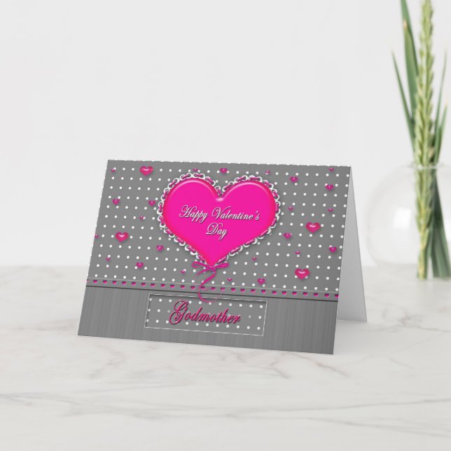 Valentine's Day Godmother- Grey/Pink/Polka Dot Holiday Card (Front)