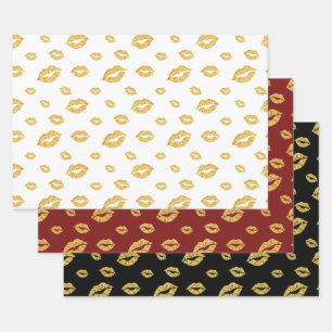 VALENTINE'S DAY GOLD GLITTER CONFETTI KISSES WRAPPING PAPER SHEET