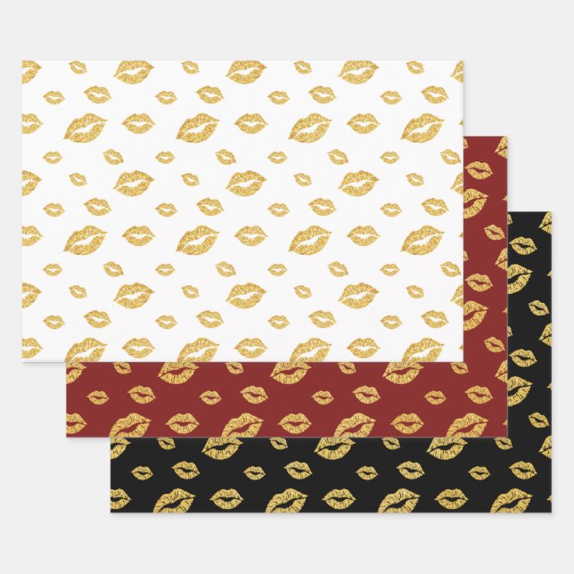 VALENTINE'S DAY GOLD GLITTER CONFETTI KISSES WRAPPING PAPER SHEET (Set)