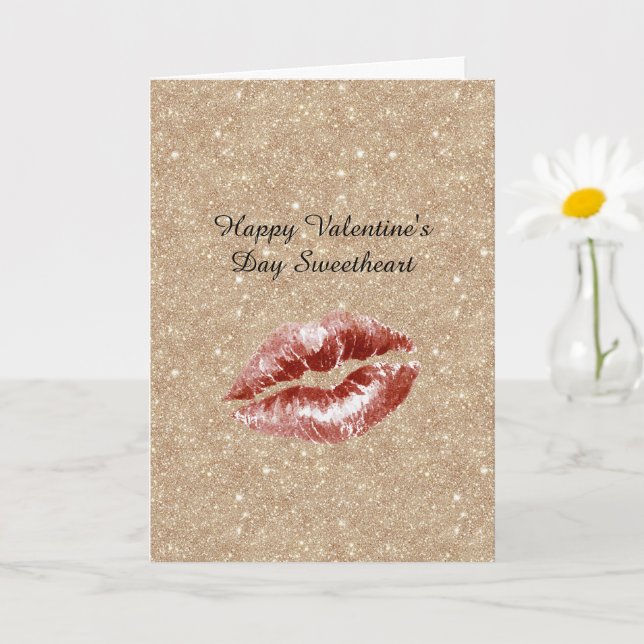 Valentine's Day Gold Glitter Red Lips Kiss Card (Small Plant)