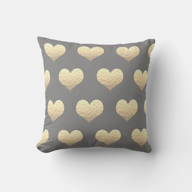 Valentines Day Gold Heart Pattern Golden Grey Grey Cushion (Front)