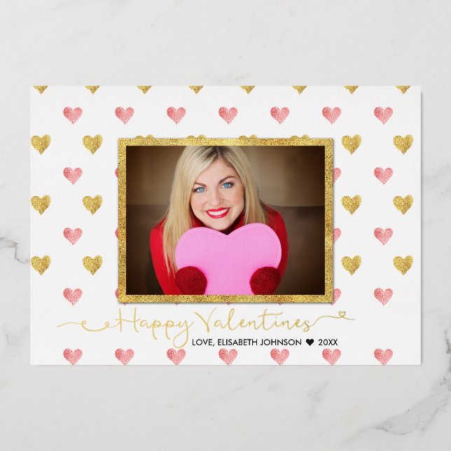 Valentine's Day Gold Pink Glitter Hearts Foil Holiday Card (Front)