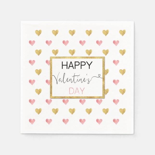 Valentine's Day Gold Pink Glitter Hearts - Napkin (Front)
