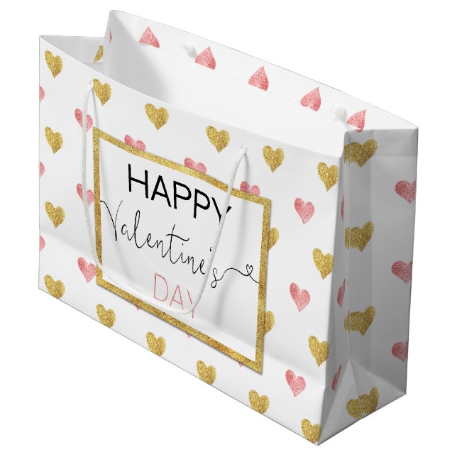 Valentine's Day Gold Pink Hearts Large Gift Bag (Front Angled)