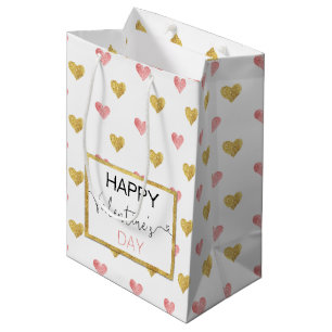 Valentine's Day Gold Pink Hearts  Medium Gift Bag