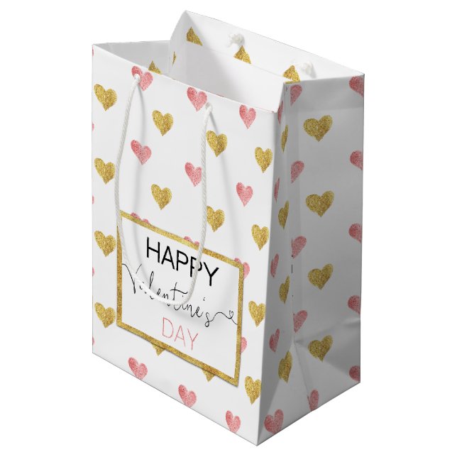 Valentine's Day Gold Pink Hearts  Medium Gift Bag (Front Angled)