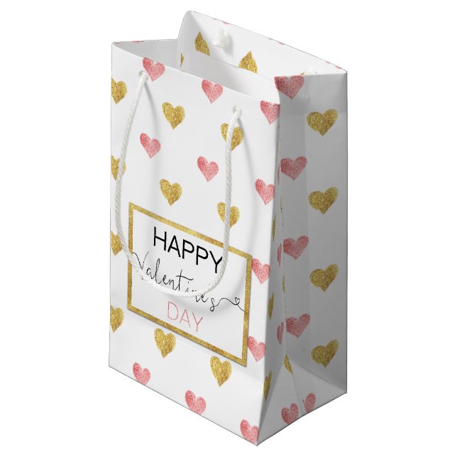 Valentine's Day Gold Pink Hearts - Small Gift Bag (Front Angled)