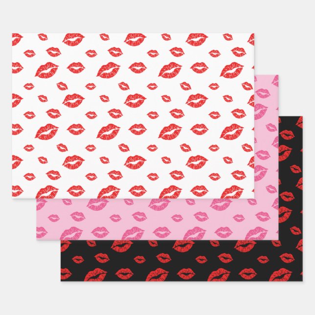 VALENTINE'S DAY GOLD RED LIPSTICK KISSES WRAPPING PAPER SHEET (Set)