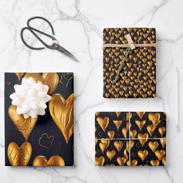 Valentine's Day Golden Hearts of Love Wrapping Paper Sheet (Front)