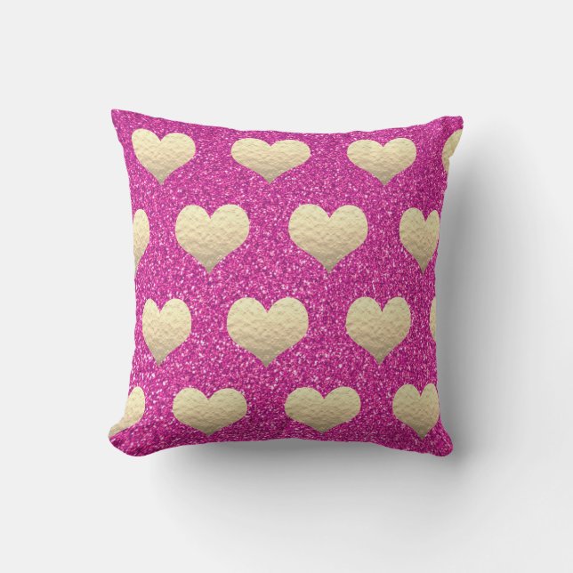 Valentines Day Golden Hearts Pink Purple Glitter Cushion (Front)