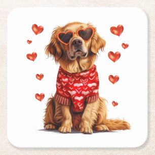 Valentines Day Golden Retriever Dog Square Paper Coaster