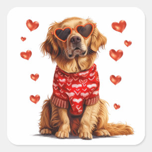 Valentines Day Golden Retriever Dog Square Sticker