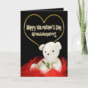 Valentine's Day - GRANDAUGHTER Teddy Bear/Red Rose Holiday Card