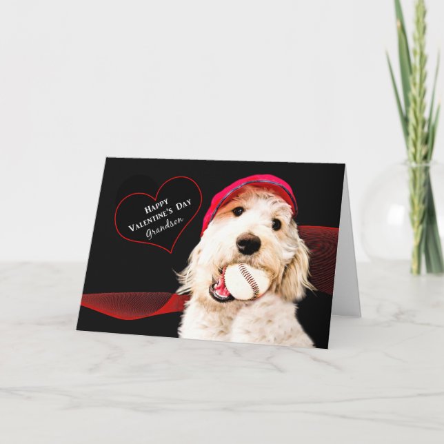 VALENTINE'S DAY - GRANDSON - DOG WITH BASEBALL HOLIDAY CARD (Front)
