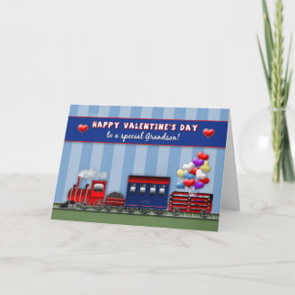 VALENTINE'S DAY - Grandson - Train- Heart Balloons Holiday Card