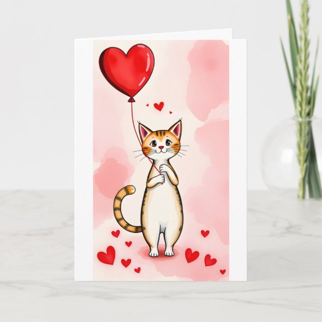 Valentine's Day Greeting Card Cat Red Hearts  (Front)