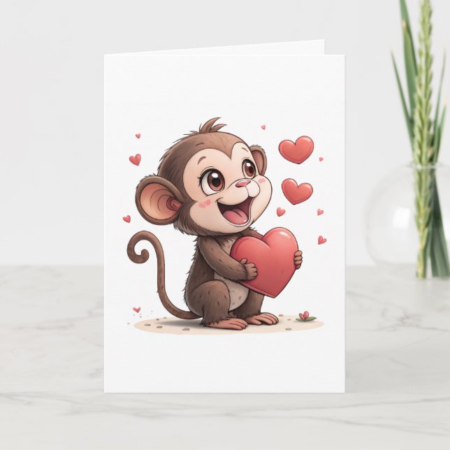 Valentine's Day Greeting Card Monkey Red Hearts  (Front)