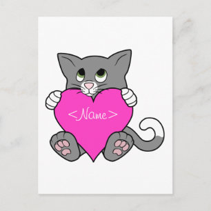 Valentine's Day Grey Cat with Pink Heart Holiday Postcard