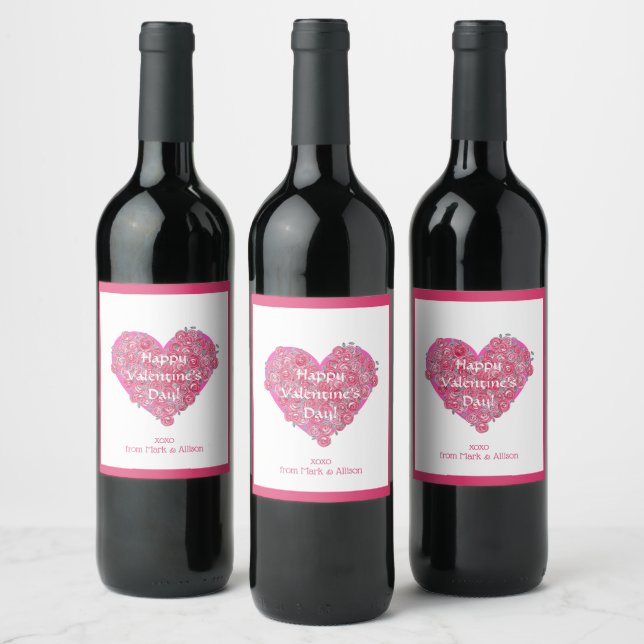 Valentine's Day Heart and Flowers Wine Label (Bottles)