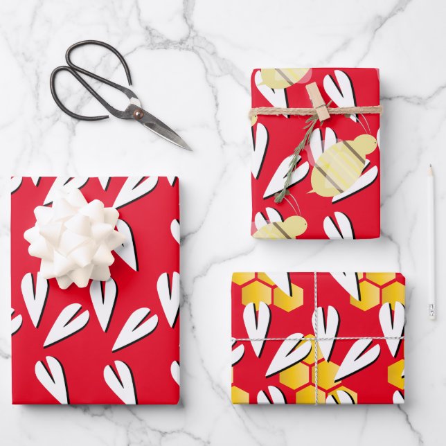 Valentines Day Heart Bee Pattern Wrapping Paper Sheet (Front)