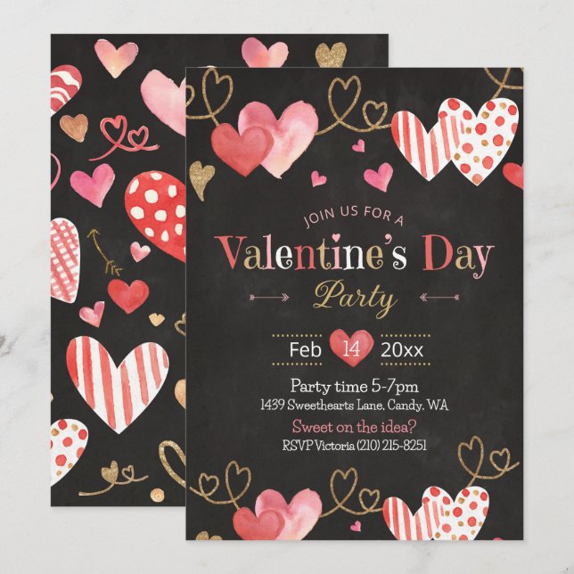 Valentines Day Heart Chalkboard Pink Invitation (Front/Back)