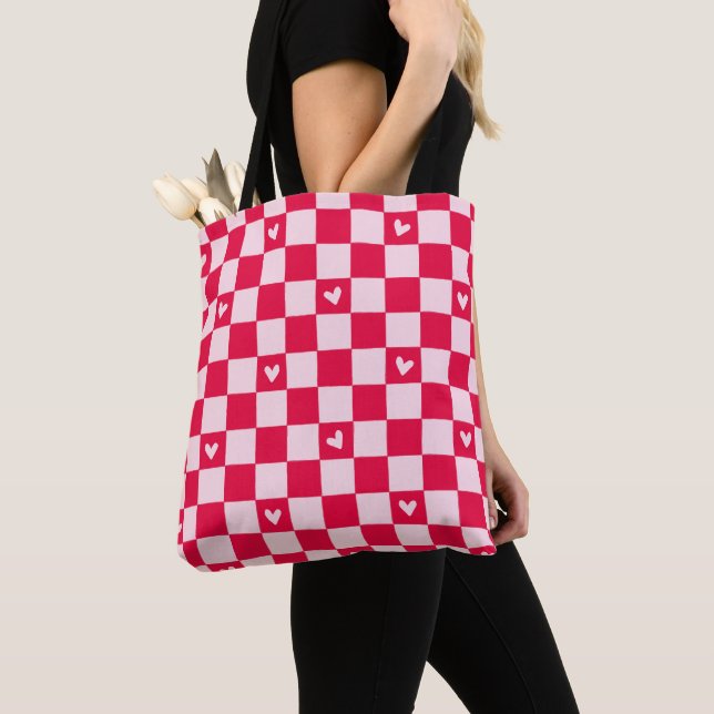 Valentine's Day Heart Checkered Tote Bag (Close Up)