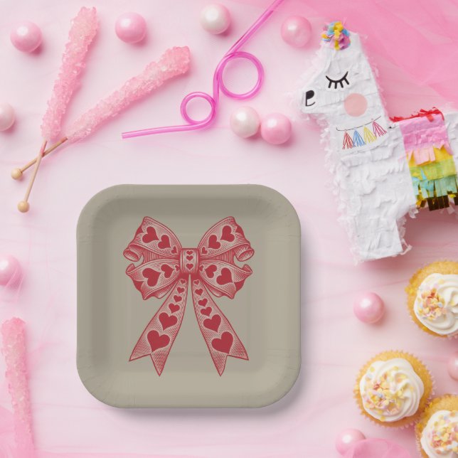 Valentine's day Heart Coquette bow Retro Valentine Paper Plate (Party)