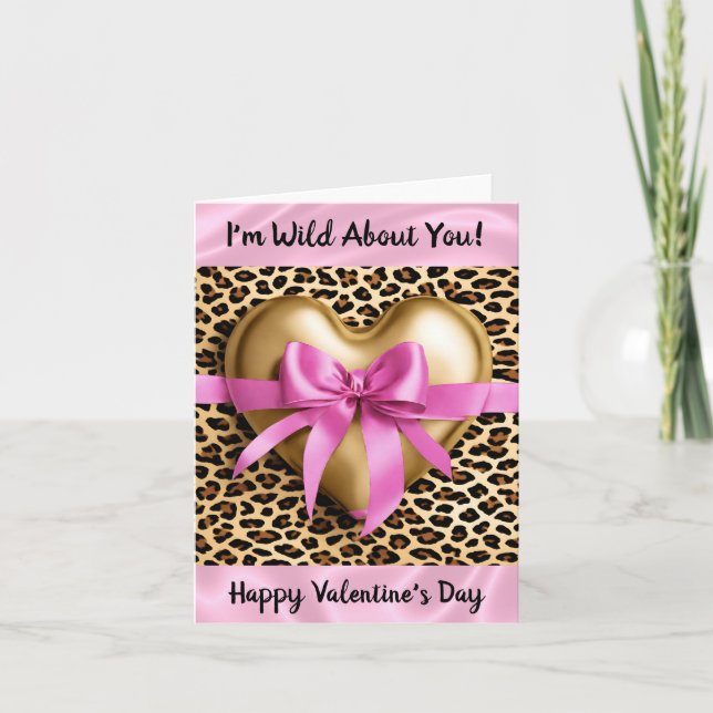 Valentine's Day Heart Gold Pink Leopard Card (Front)