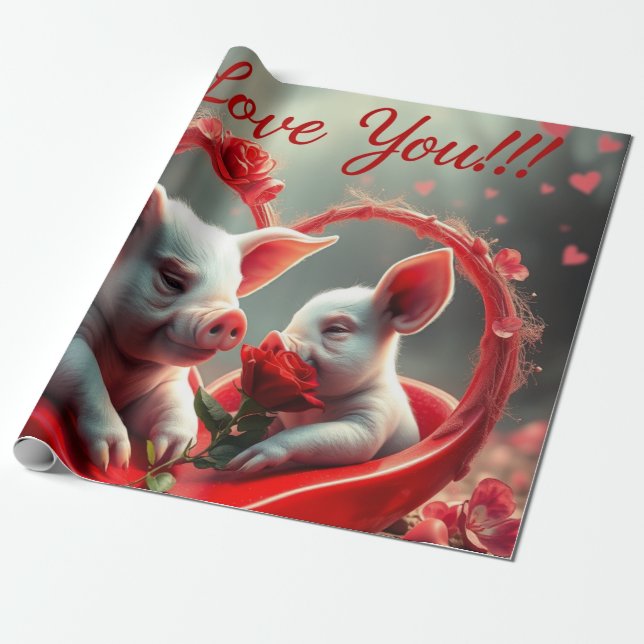 Valentine's Day Heart Hug - Pig Wrapping Paper (Unrolled)