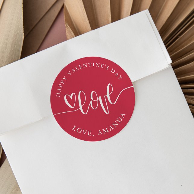 Valentine's Day Heart Love Hand-Lettering Red Classic Round Sticker (Personalize Valentine's Day stickers for treats or a mailing with red and white love typography.)