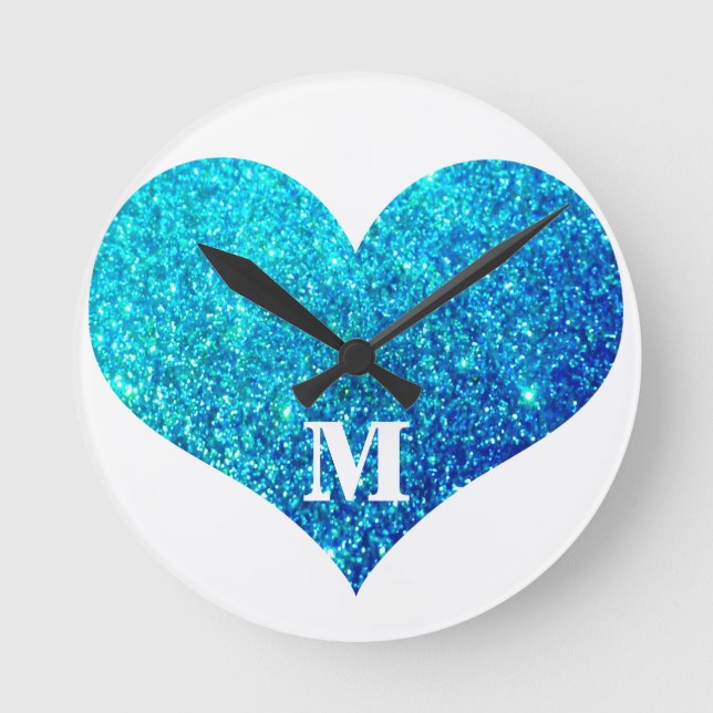 Valentine's Day Heart Monogram Blue Glitter Cute Round Clock (Front)