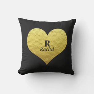 Valentine's Day Heart Monogram Gold Black Elegant Cushion