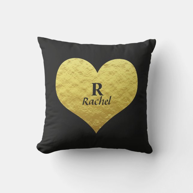 Valentine's Day Heart Monogram Gold Black Elegant Cushion (Front)