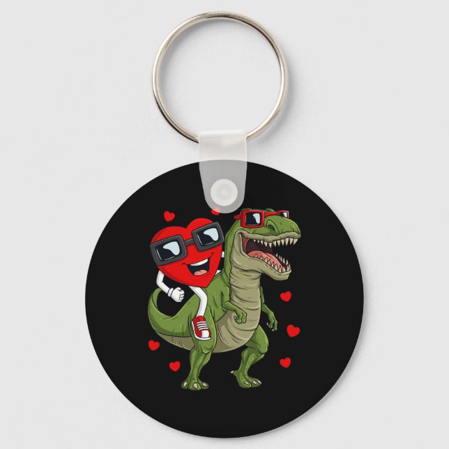 Valentines Day Heart Riding Dinosaur T Rex Fun Boy Key Ring (Front)