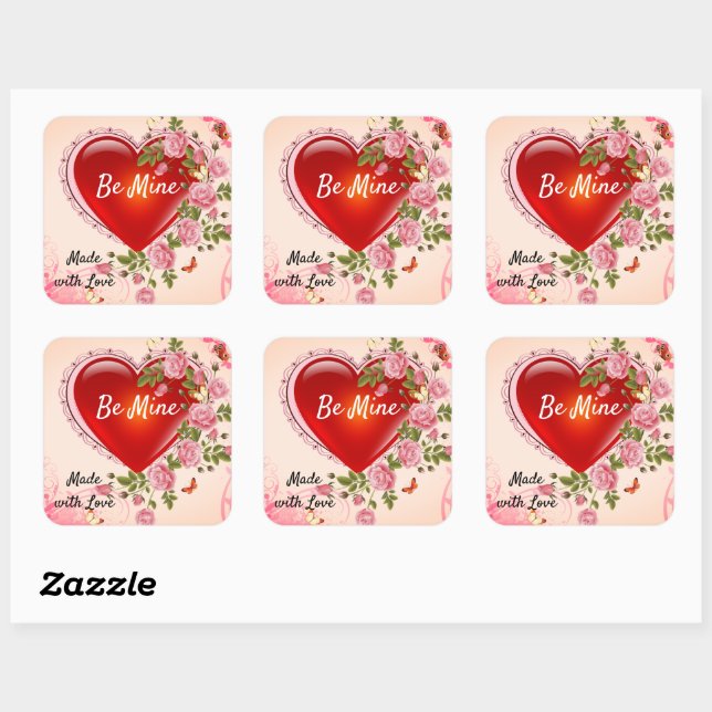 Valentine's Day Heart Roses Cookie Made with Love Square Sticker (Sheet)